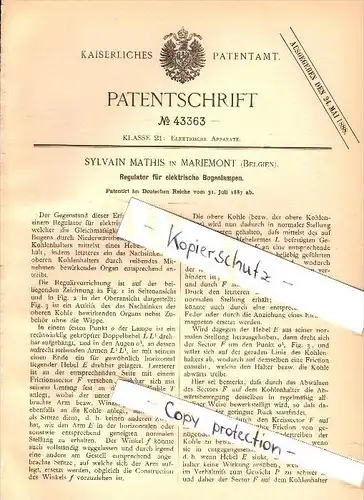 Original Patent - Sylvain Mathis in Mariemont / Morlanwelz , 1887 , Regulator für elektrische Bogenlampen !!!