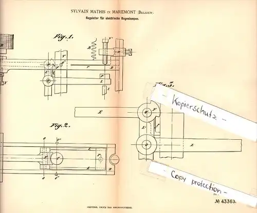 Original Patent - Sylvain Mathis in Mariemont / Morlanwelz , 1887 , Regulator für elektrische Bogenlampen !!!