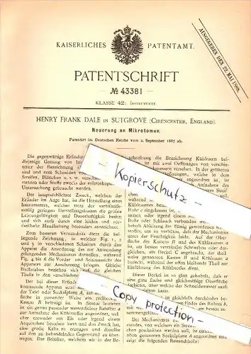 Original Patent - Henry Frank Dale in Sutgrove / Cirencester  , 1887 , Innovation at microtomes !!!