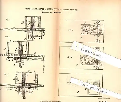 Original Patent - Henry Frank Dale in Sutgrove / Cirencester  , 1887 , Innovation at microtomes !!!