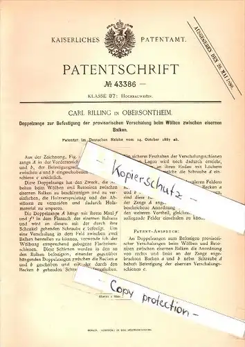 Original Patent - Carl Rilling in Obersontheim , 1887 , Doppelzange zum Wölben von Balken , Hausbau , Bau , Fachwerk !!!
