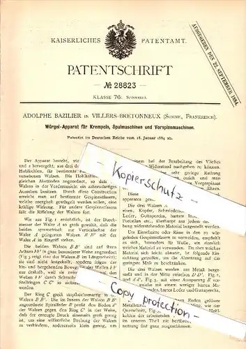 Original Patent - Adolphe Bazilier à Villers-Bretonneux , Somme , 1884 , Appareil pour machine de filature !!!