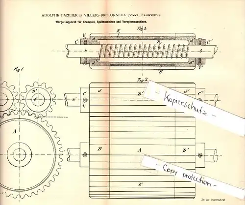 Original Patent - Adolphe Bazilier à Villers-Bretonneux , Somme , 1884 , Appareil pour machine de filature !!!