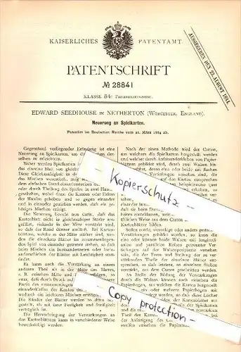 Original Patent - Edward Seedhouse in Netherton , Worcester ,1884, Novelty of playing cards , card game , Worcestershire