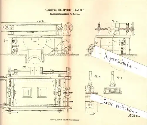 Original Patent - Alphonse Delharpe à Tarare , 1884 , Sèche-linge pour le tissu , textiles  !!!