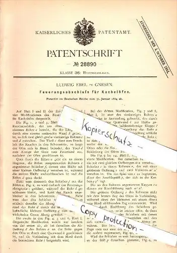 Original Patent - Ludwig Ebel in Gnesen / Gniezno , 1884 , Feuerung für Kachelofen , Ofen !!!