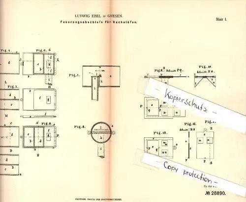 Original Patent - Ludwig Ebel in Gnesen / Gniezno , 1884 , Feuerung für Kachelofen , Ofen !!!