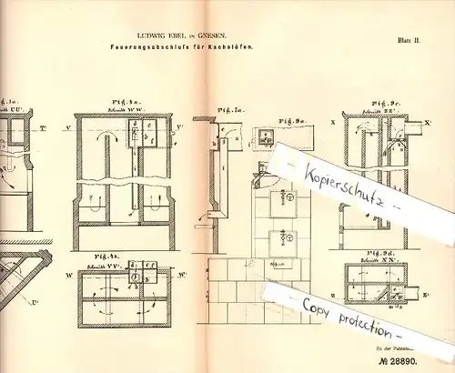 Original Patent - Ludwig Ebel in Gnesen / Gniezno , 1884 , Feuerung für Kachelofen , Ofen !!!