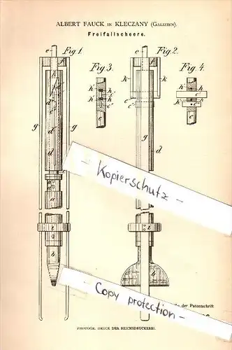 Original Patent - Albert Fauck in Kleczany , Galizien , 1884 , Freilaufscheere , Bergbau !!!