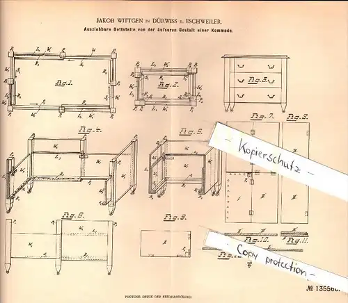 Original Patent - Jacob Wittgen in Dürwiß b. Eschweiler , 1901 , ausziehbare Bettstelle / Kommode , Möbel , Mobilar !!!
