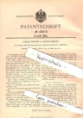 Original Patent - Oskar Unger in Heringsdorf i. Mecklenburg , 1902 , Koffer als Kleiderschrank , Usedom !!!