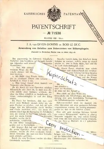 Original Patent - J.A. van Erven-Dorens in Bois-de-Duc / 's-Hertogenbosch , 1893 , Gelatine für Silberspiegel , Glas !!