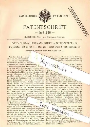 Original Patent - Otto Stifft in Mittenwalde i. Mark , 1892 , Ziegelofen mit Trockenschuppen , Ziegelei , Brandenburg !!