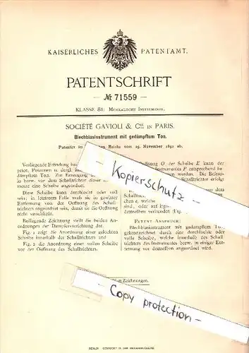 Original Patent - Société Gavioli & Co in Paris , 1892 , Blechblasinstrument , Tuba , posaune , trompete , trumpet !!!