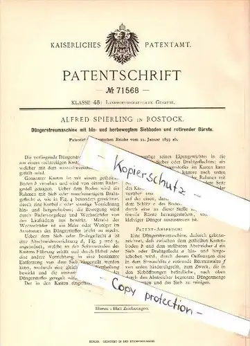 Original Patent - Alfred Spierling in Rostock i. Mecklenburg , 1893 , Düngerstreumaschine , Landwirtschaft , Agrar !!!