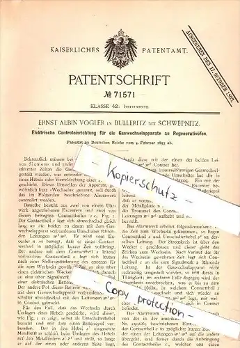 Original Patent - Ernst Albin Vogler in Bulleritz b. Schwepnitz , 1893 , Kontrolleinrichtung für Gaswechselapparate  !!!