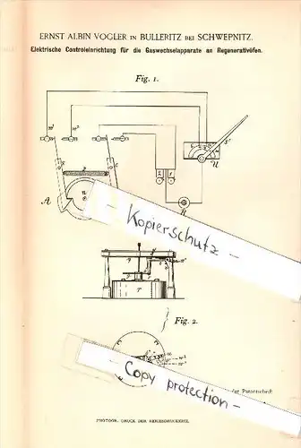 Original Patent - Ernst Albin Vogler in Bulleritz b. Schwepnitz , 1893 , Kontrolleinrichtung für Gaswechselapparate  !!!