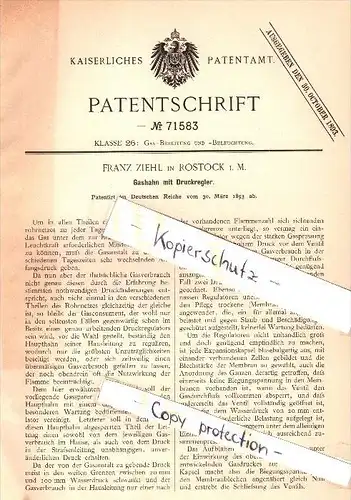 Original Patent - Franz Ziehl in Rostock i. Mecklenburg , 1893 , Gashahn mit Druckregler , Gas !!!