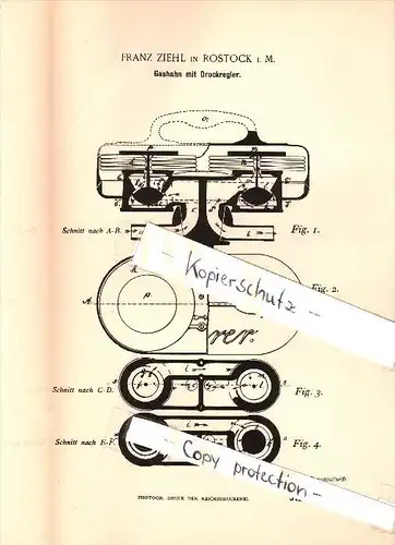 Original Patent - Franz Ziehl in Rostock i. Mecklenburg , 1893 , Gashahn mit Druckregler , Gas !!!
