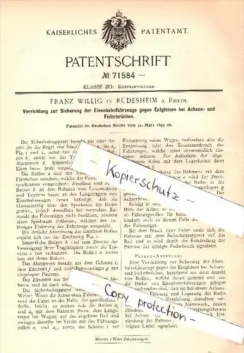 Original Patent - Franz Willig in Rüdesheim a. Rhein , 1893 , Sicherung der Eisenbahn gegen Entgleisung !!!