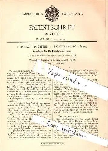 Original Patent - Hermann Richter in Boizenburg a. Elbe , 1893, Schiebefenster für Eisenbahn , Mecklenburg , Boitzenburg