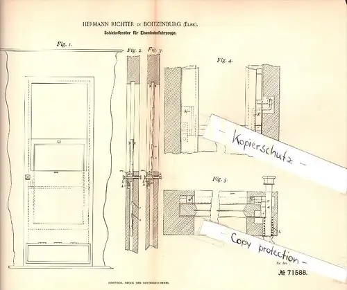 Original Patent - Hermann Richter in Boizenburg a. Elbe , 1893, Schiebefenster für Eisenbahn , Mecklenburg , Boitzenburg
