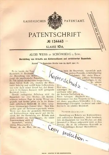 Original Patent - Alois Weiss in Schömberg i. Schlesien / Chelmsko Slaskie , 1901 , Herstellung von Brikett , Kohle !!!