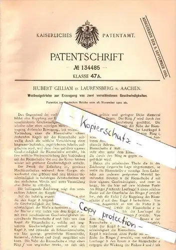 Original Patent - Hubert Gilljam in Laurensberg b. Aachen , 1901 , Wechselgetriebe für zwei Geschwindigkeiten !!!