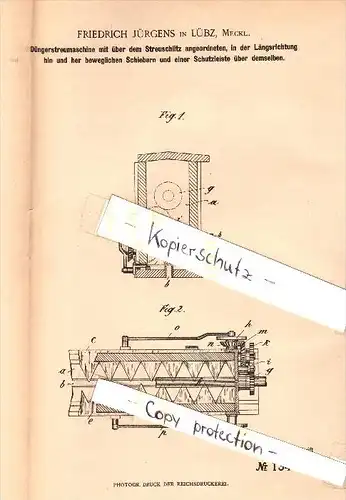 Original Patent - Friedrich Jürgens in Lübz i. Mecklenburg , 1901 , Düngerstreumaschine , Landwirtschaft , Agrar !!!