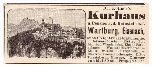 original Werbung - 1891 - Kurhaus Wartburg , Eisenach , Dr. Köllner , Kur , Arzt , Krankenhaus !!!