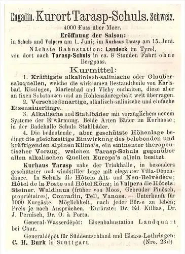 original Werbung - 1884 - Bad Tarasp und Schuls / Scuol , Engadin , Salzquelle , Kur , Arzt , Apotheke , Krankenhaus !!!