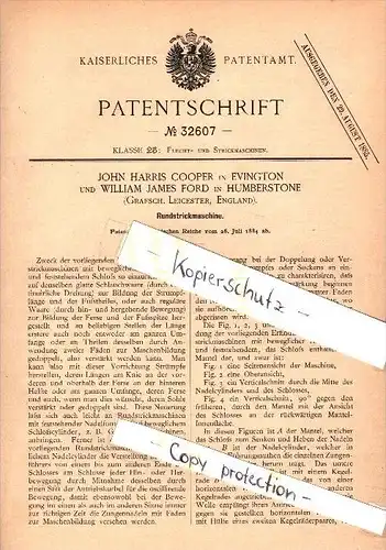 Original Patent - J.H. Cooper in Evington und William James Ford in Humberstone , 1884 , Knitting machine !!!