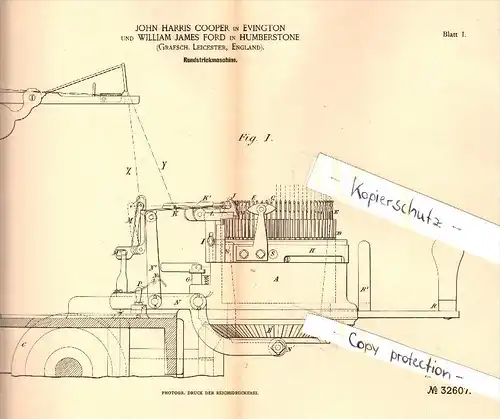 Original Patent - J.H. Cooper in Evington und William James Ford in Humberstone , 1884 , Knitting machine !!!