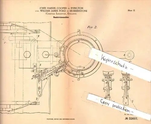 Original Patent - J.H. Cooper in Evington und William James Ford in Humberstone , 1884 , Knitting machine !!!