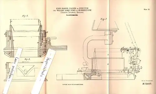 Original Patent - J.H. Cooper in Evington und William James Ford in Humberstone , 1884 , Knitting machine !!!