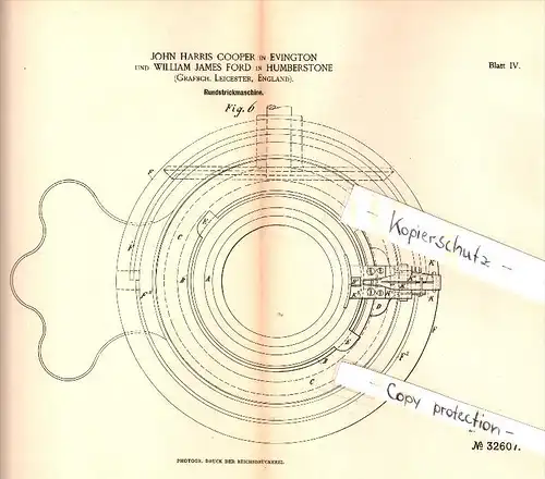 Original Patent - J.H. Cooper in Evington und William James Ford in Humberstone , 1884 , Knitting machine !!!