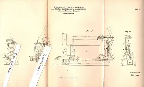 Original Patent - J.H. Cooper in Evington und William James Ford in Humberstone , 1884 , Knitting machine !!!