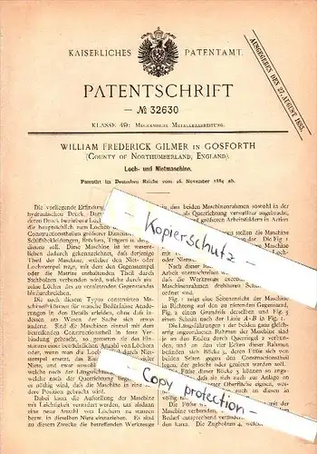 Original Patent - W. Gilmer in Gosforth , England , 1884 , Punching and riveting machine  !!!