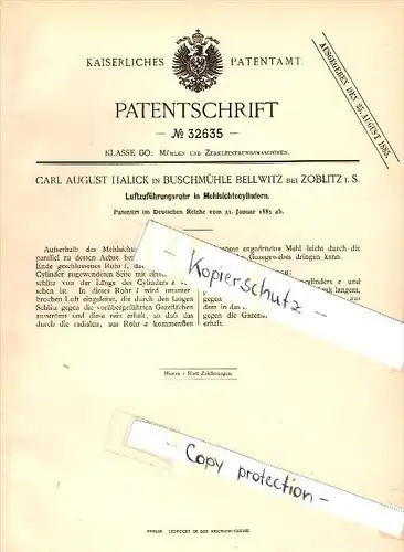 Original Patent - C.A. Halick in Buschmühle Bellwitz b. Zoblitz / Reichenbach i.S. ,1885 ,Sichtecylinder , Mühle , Löbau