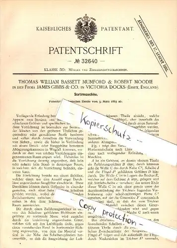 Original Patent - Th.W. Mumford & R. Moodie , Gibbs & Co. in Victoria Dock , 1885 , sorting machine !!!