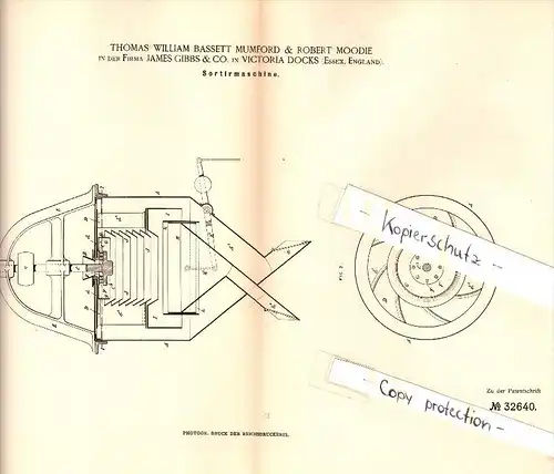 Original Patent - Th.W. Mumford & R. Moodie , Gibbs & Co. in Victoria Dock , 1885 , sorting machine !!!
