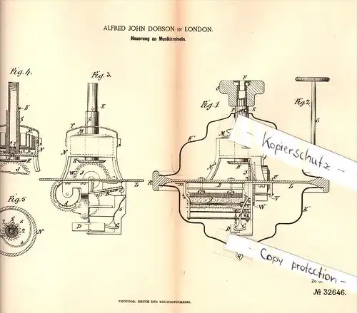 Original Patent - Alfred John Dobson in London , 1884 , music centrifugal , gyroscope , Kreisel , Musikkreisel !!!