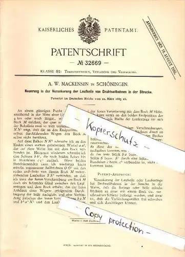 Original Patent - A.W. Mackensen in Schöningen , 1885 , Verankerung für Drahtseilbahn , Seilbahn !!!