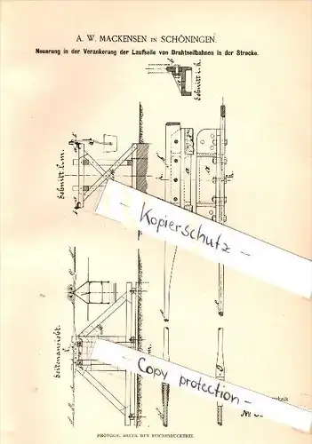 Original Patent - A.W. Mackensen in Schöningen , 1885 , Verankerung für Drahtseilbahn , Seilbahn !!!