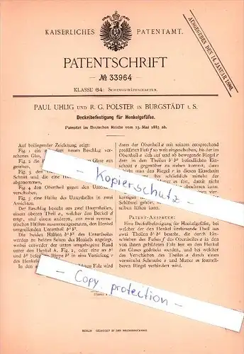 Original Patent  - P. Uhlig und R. G. Polster in Burgstädt i. S. , 1885 , Deckelbefestigung für Henkelgefäße !!!