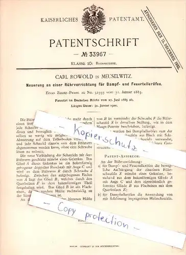 Original Patent  - Carl Rowold in Meuselwitz , 1885 , Rührvorrichtung für Dampföfen !!!