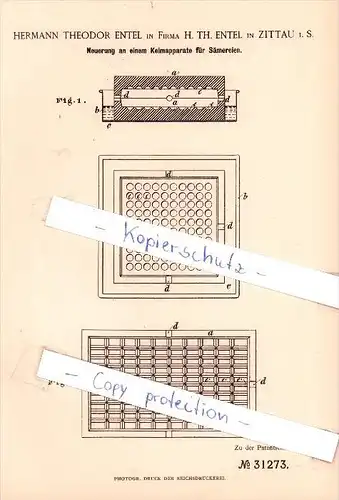 Original Patent  -  Th. Entel in Zittau i. S. , 1884 , Keimapparat für Sämereien , Floristik , Blumen !!!