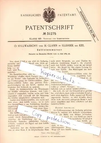 Original Patent  - O. Syllwasschy und H. Glaser in Ellerbek bei Kiel , 1884 , Collisionswarner !!!