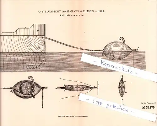 Original Patent  - O. Syllwasschy und H. Glaser in Ellerbek bei Kiel , 1884 , Collisionswarner !!!