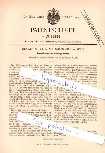 Original Patent  - Hilcken & Co. in Altendorf-Holzminden , 1884 , Tonnenbänder für bauchige Fässer  !!!